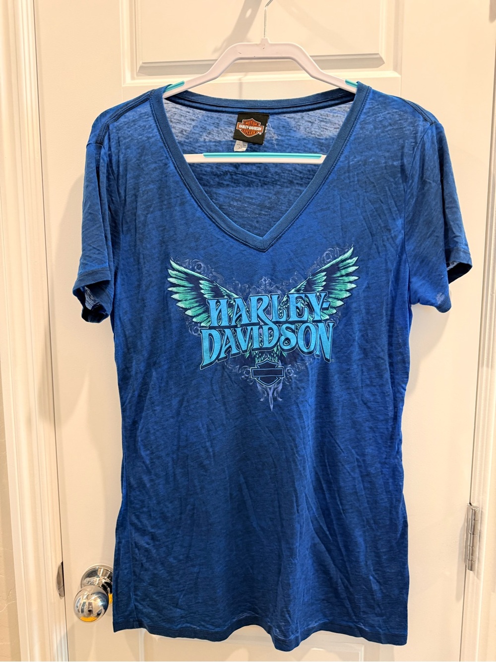 Harley-Davidson Blue V-Neck Tee with Teal Wing Graphic